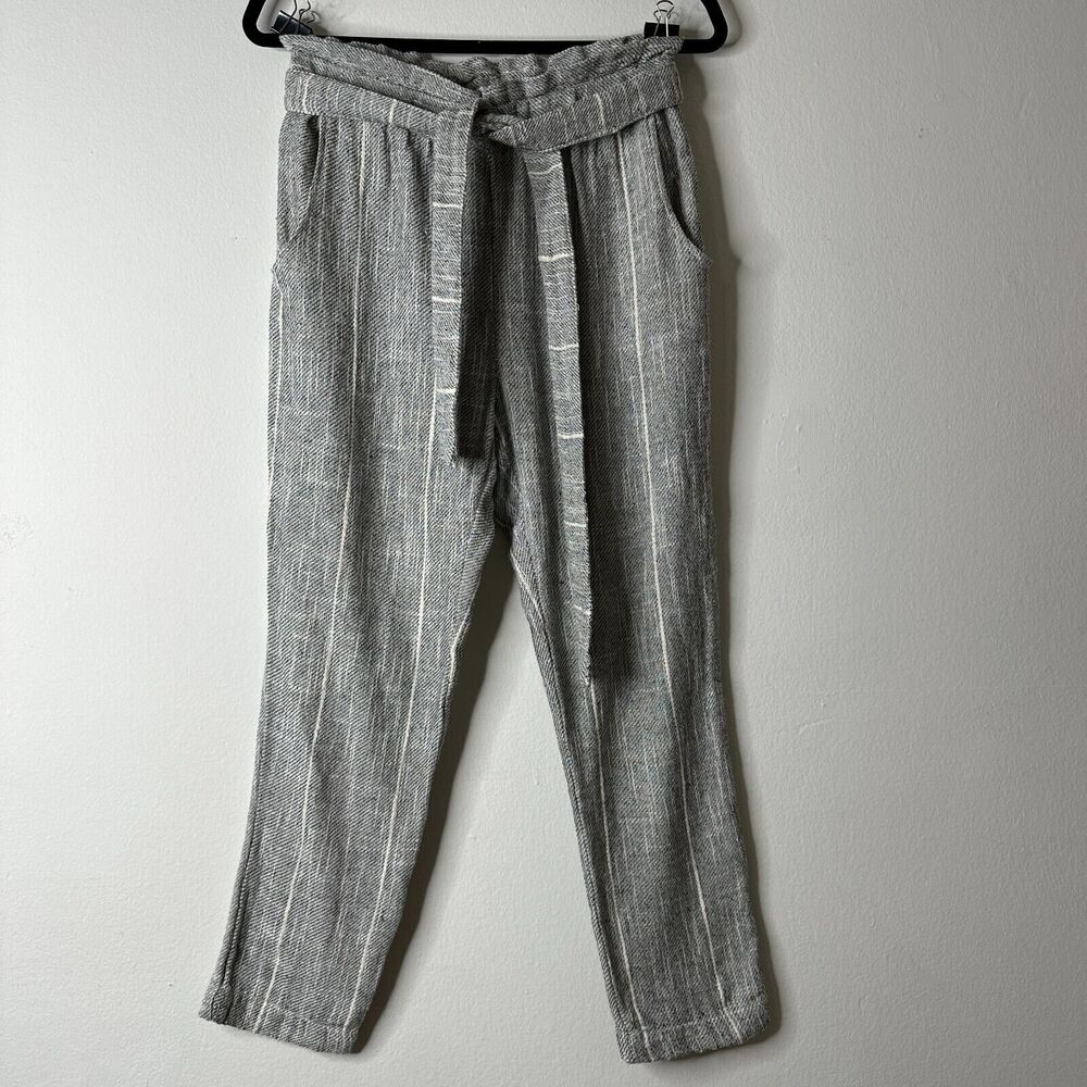 Free People Casual Cream & Black Tweed Stripe Crop Trouser Pants Tie Belt 2
